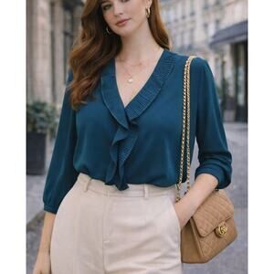 Adrianna Papell Modern Career Pleated Ruffle V-Neck Blouse Medium Teal Timeless